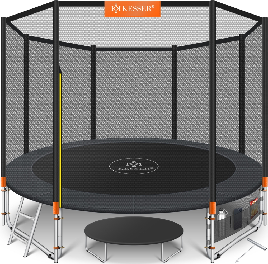 KESSER® - Trampolin | TÜV Rheinland GS Zertifiziert | Komplettset mit Sicherheitsnetz, Leiter, Randabdeckung & Zubehör | Kindertrampolin Gartentrampolin Belastbarkeit 150 kg Orange, 244 cm Bild 1