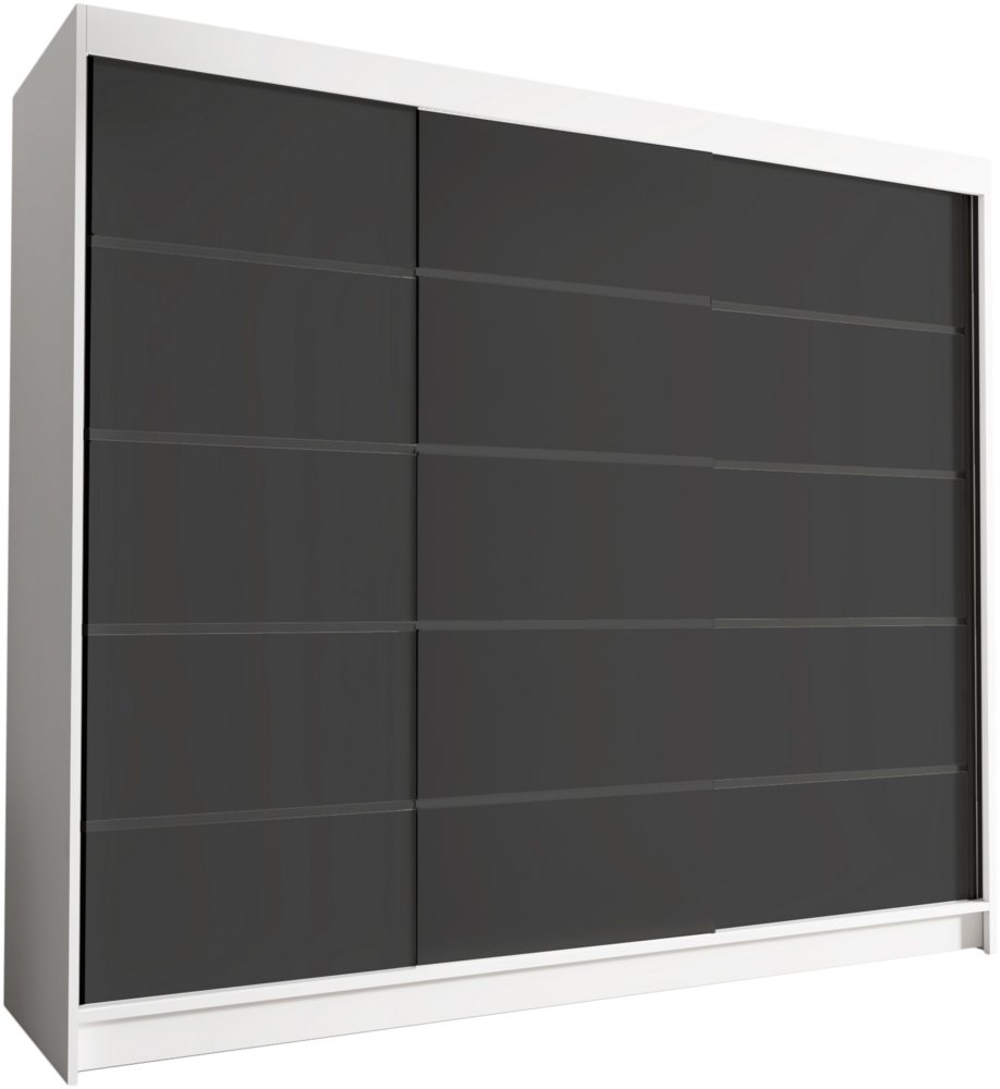 Groß Kleiderschrank Netro VII 250 cm - Schwebetürenschrank, Schiebetürenschrank mit Kleiderstange und Einlegeboden, Schlafzimmerschrank, Schiebetüren, 250x215x58 cm (Weiß/Schwarz) Bild 1