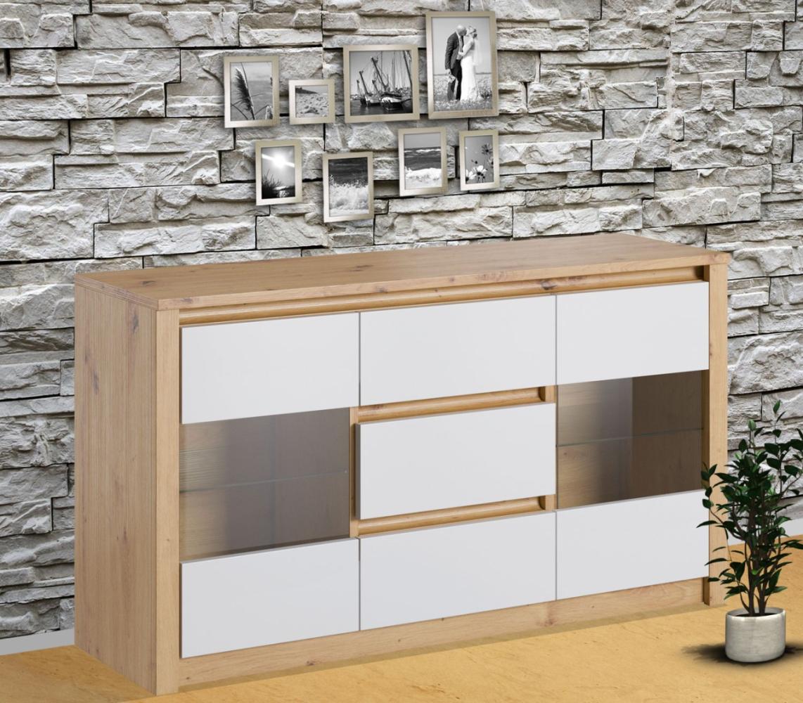 Kommode "Malta" Sideboard Anrichte 140cm grifflos mit Glastüren artisan eiche weiß Bild 1