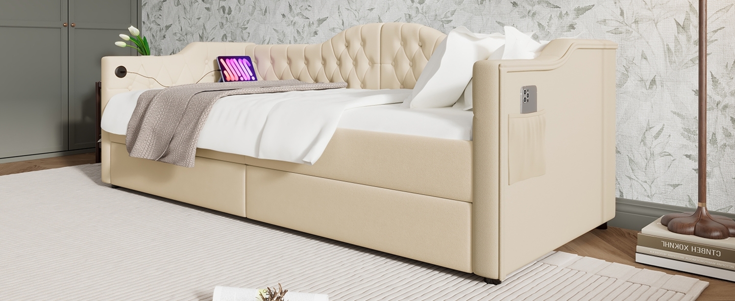 Polsterbett 90x200 cm Samt mit 2 Schubladen und USB‑Type‑C, vintage Kopfteil, Beige Bild 1