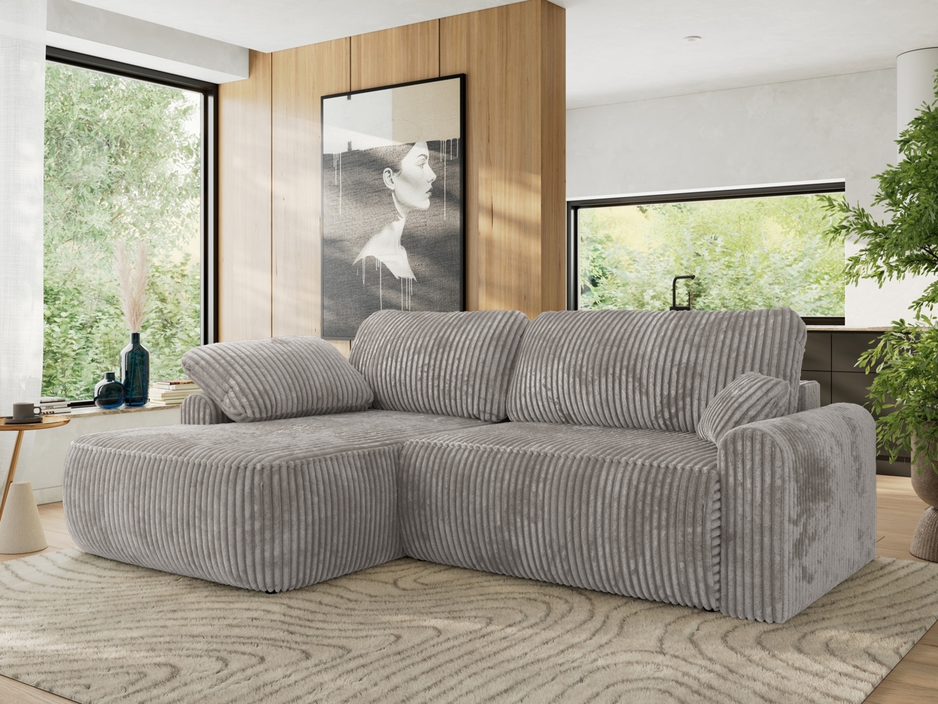 Ecksofa, L-förmiges, lose Kissen, DL-Schlaffunktion, (H 100 x T 187 x B 273 cm) - CUBO L - Cord Hellgrau - linke Seite Bild 1