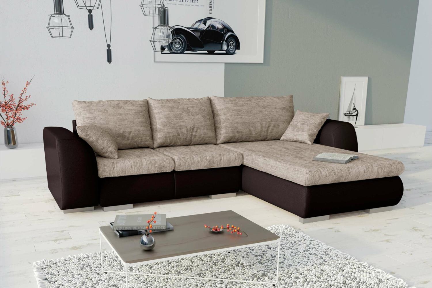 Stylefy Salturo Ecksofa Strukturstoff BERLIN Kunstleder MADRYT Hellbraun Dunkelbraun Rechts Bild 1