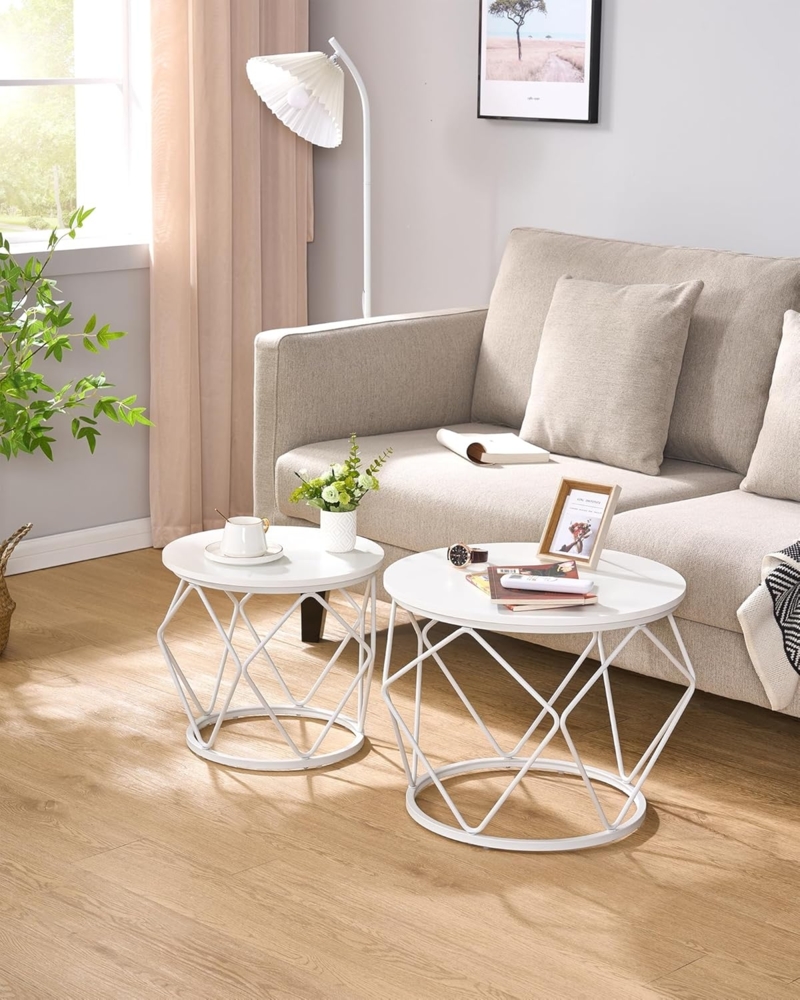 Couchtisch rund, 2er Set Beistelltische, Beistelltisch-Set mit Metallrahmen, Kleiner Beistelltisch für Wohnzimmer, Schlafzimmer, Büro, Weiß Bild 1