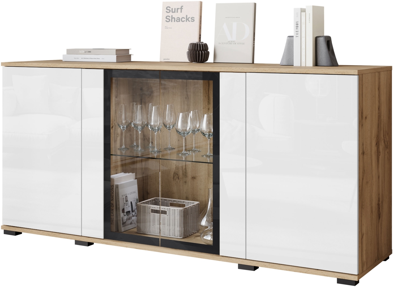 Kommode Clarkoy SB 154 4D (Farbe: Wotan / Weiß Hochglanz, mit weißer LED Beleuchtung) Bild 1