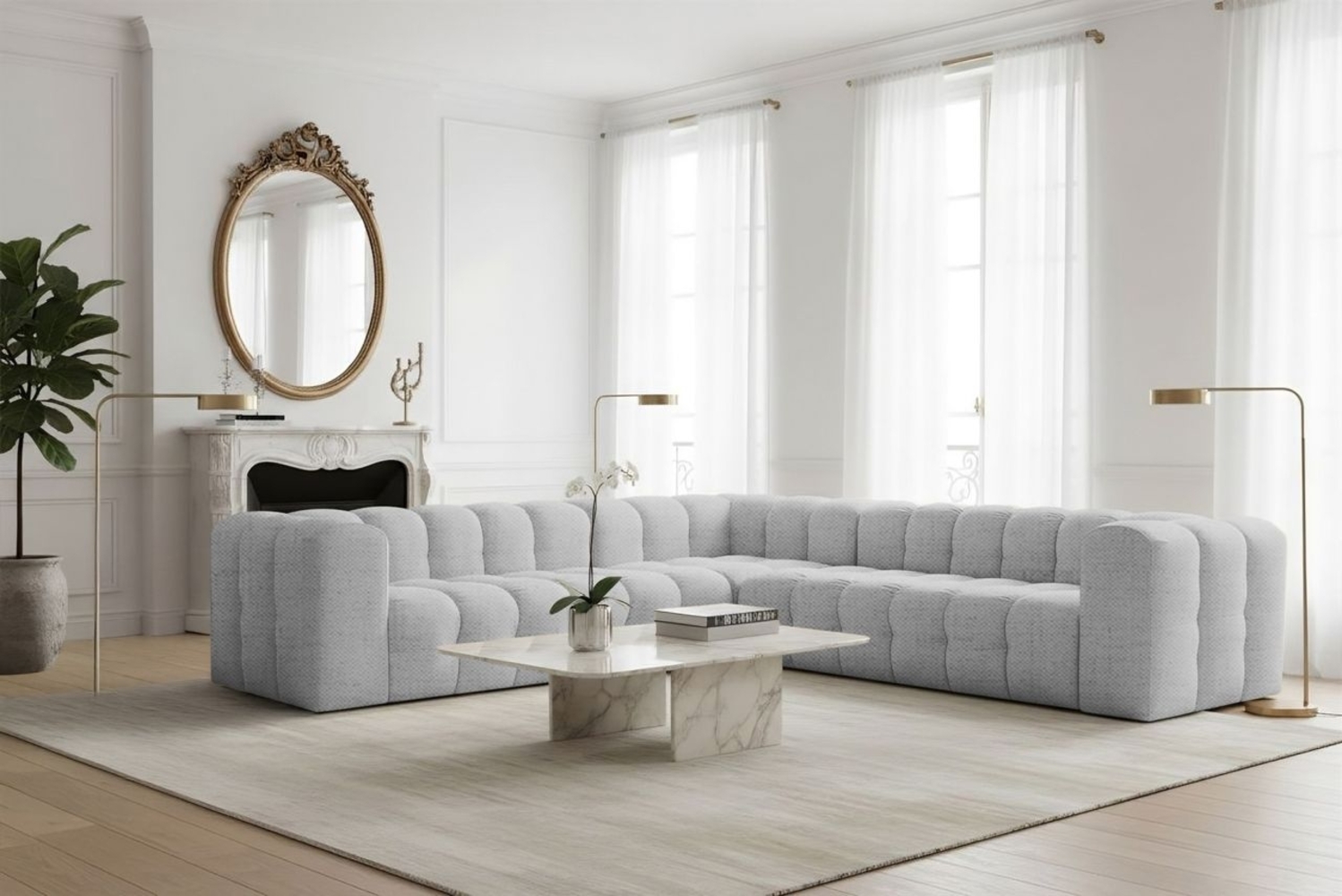 Ecksofa Designersofa SOLVIE in Stoff Moly Hellgrau Seite Universal Bild 1