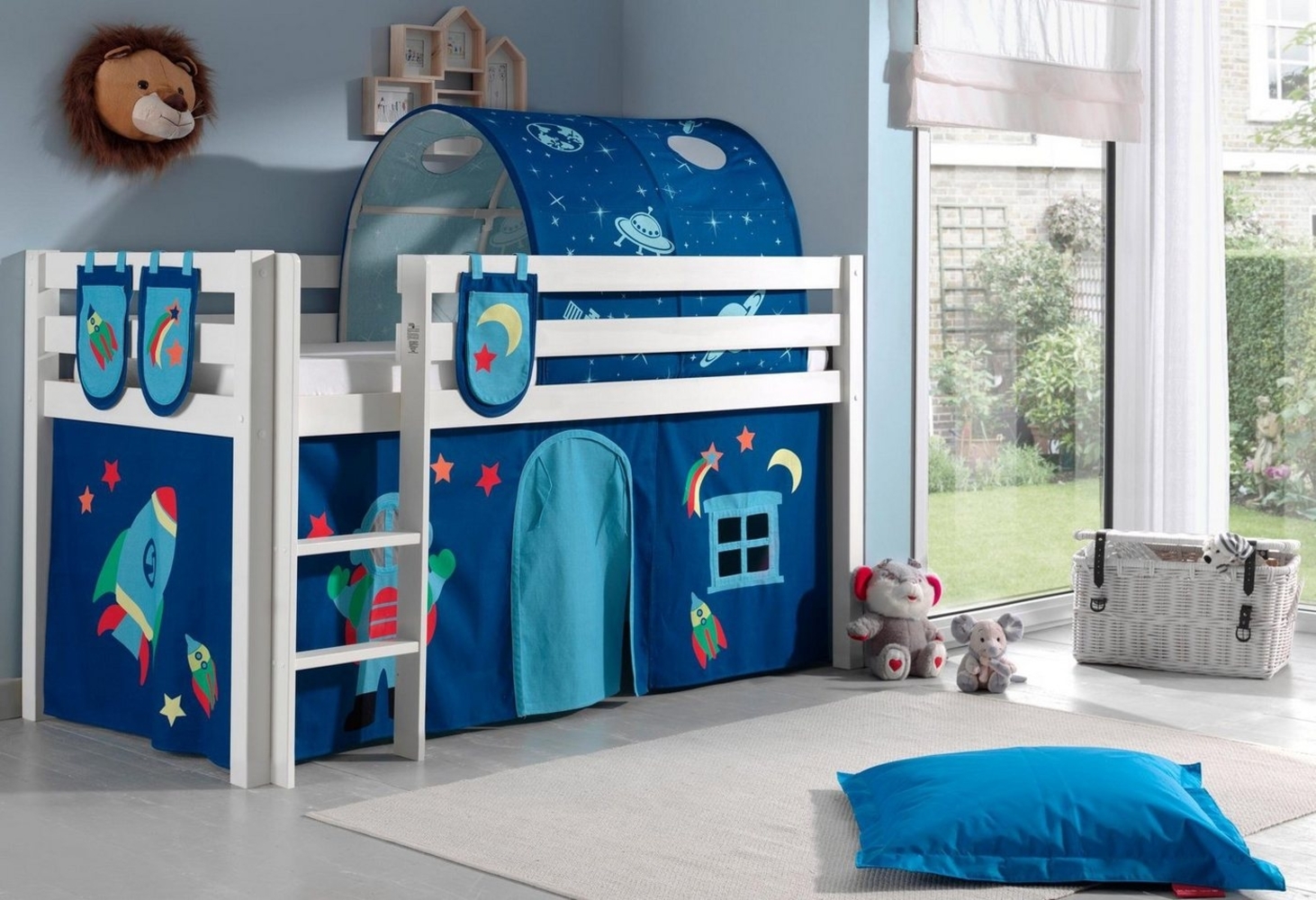 Vipack 'Pino' Halbhochbett weiß, inkl. Textilset Vorhang, Tunnel und 3 Taschen "Astro" Bild 1
