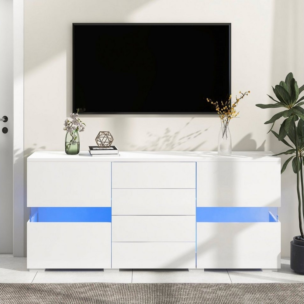 HAUSS SPLOE Sideboard TV-Schrank Kommode Schubladenkommode LED Sideboard Highboard (mit 16 Farben LED-Leuchten Weiß 140*35*72 cm) Bild 1