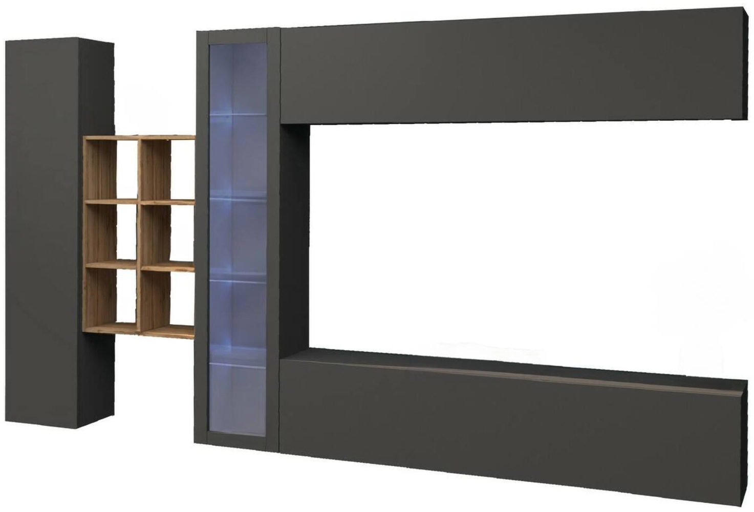 Dmora Ausgestattete Wand Alessano, 4-türiges TV-Ständer-Wohnzimmerset, Mehrzweck-Wohnzimmermöbel mit Vitrine und LED-Licht, 100 % Made in Italy, 280 x 30 x 180 cm, Anthrazit und Ahorn, Bild 1