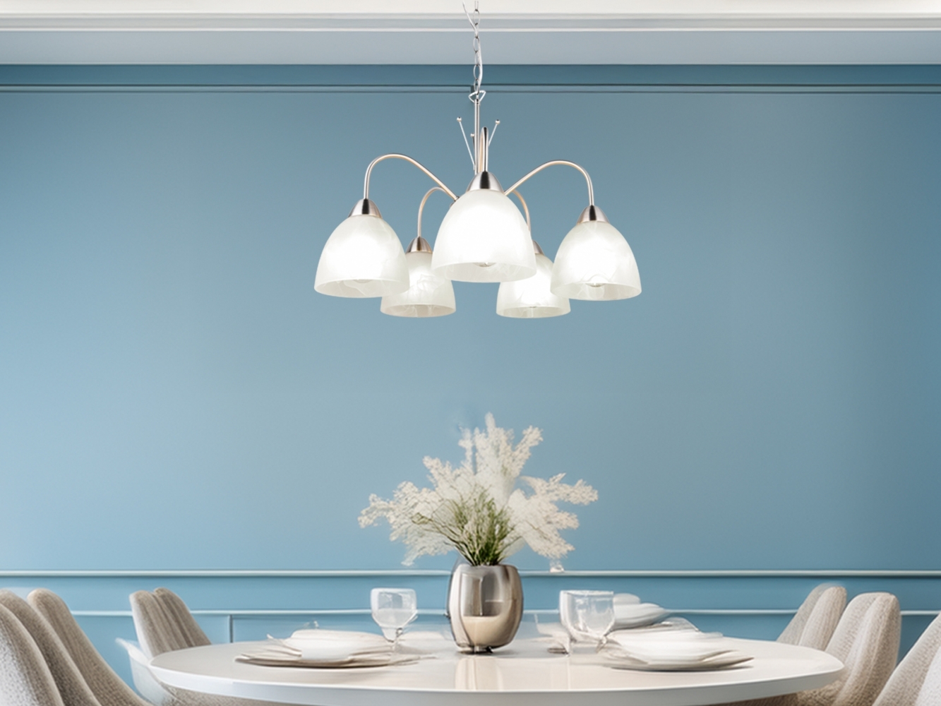 Pendelleuchte DOBBY 5-flammig mit Glas Lampenschirmen Weiß, Ø 55cm Bild 1