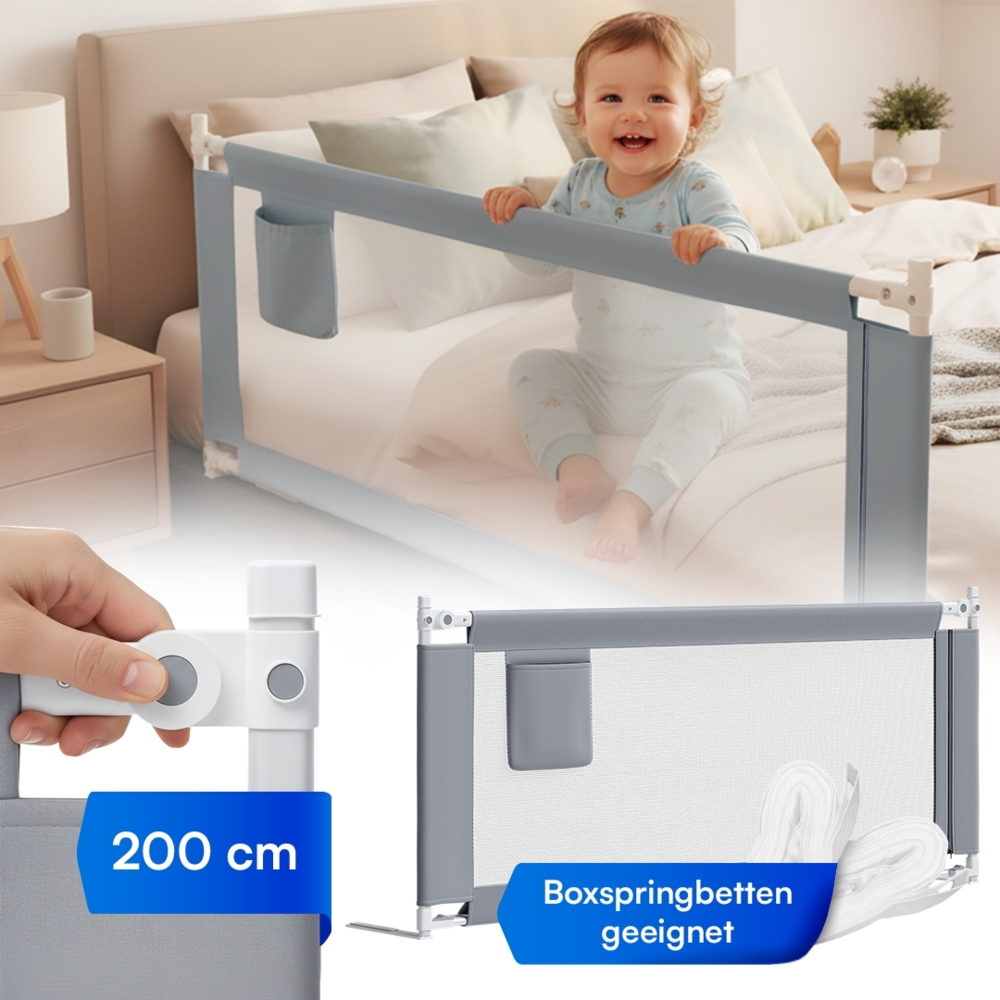 Bellabino 'Drina' Bettschutzgitter mit 2 Sicherheitsgurten, für Boxspringbetten geeignet, Rausfallschutz klappbar & höhenverstellbar, aus Oxford-Stoff & Metall, 200 cm, hellgrau Bild 1