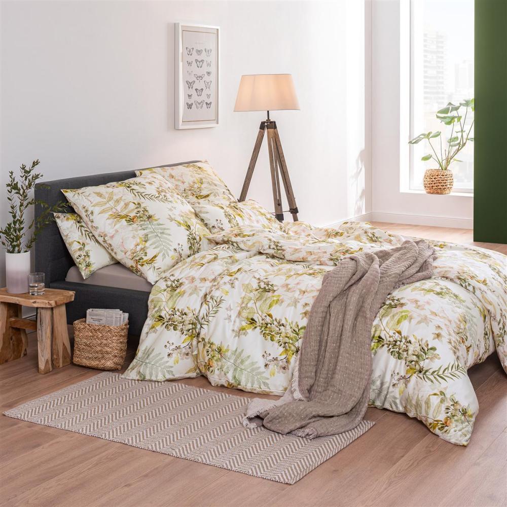 Estella Mako-Satin Bettwäsche 155x220 Evia Blüten Farn Blätter reseda 7498-550 Bild 1