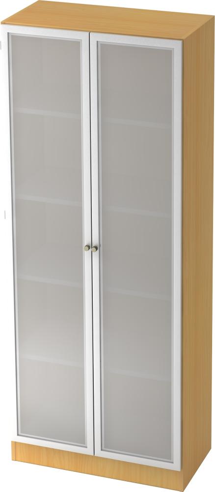 bümö office Aktenschrank mit Milchglastüren, Büroschrank groß aus FSC-Holz, 80cm breit in Buche/Silber - Schrank, Büroschrank, Büro Möbel Schrank System, 6100G-6-S-SG Bild 1