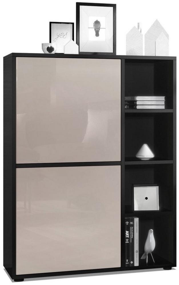 Highboard Schrank Anrichte Cuba mit 8 Fächern, Korpus in Schwarz matt / Fronten in Sandgrau Hochglanz Bild 1