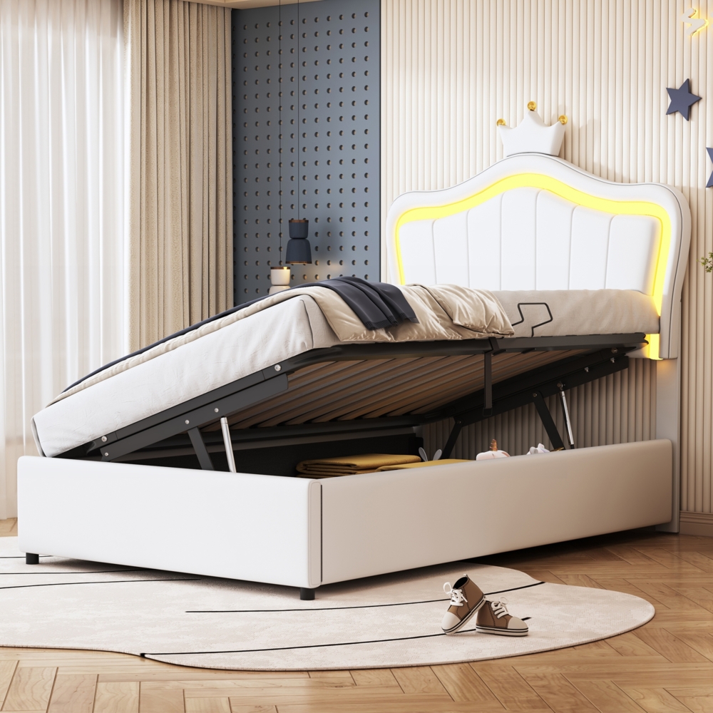 Weißes Prinzessinnen Bett 90x200 cm Mit LED Beleuchtung Und Muschel Design Kinderbett Mit Hydraulischem Stauraum Krone Kunstleder Märchenbett Bild 1