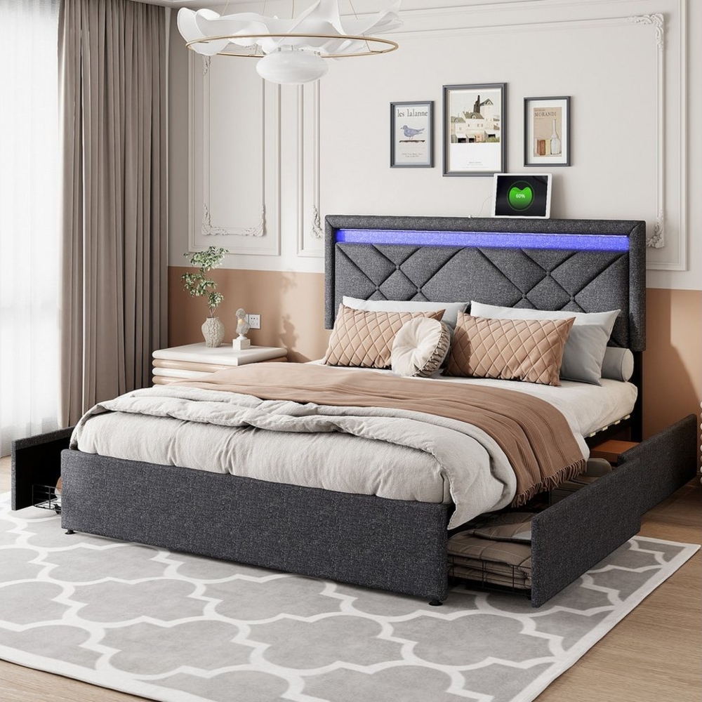 Furnishings Home Stauraumbett Polsterbett Doppelbett inkl. LED & Ladefunktion (Jugendbett, Verstellbare Kopfteilhöhe), Mit LED-Beleuchtung, USB + TYPE-C, Schubladen, Leinen, 140x200 cm Bild 1