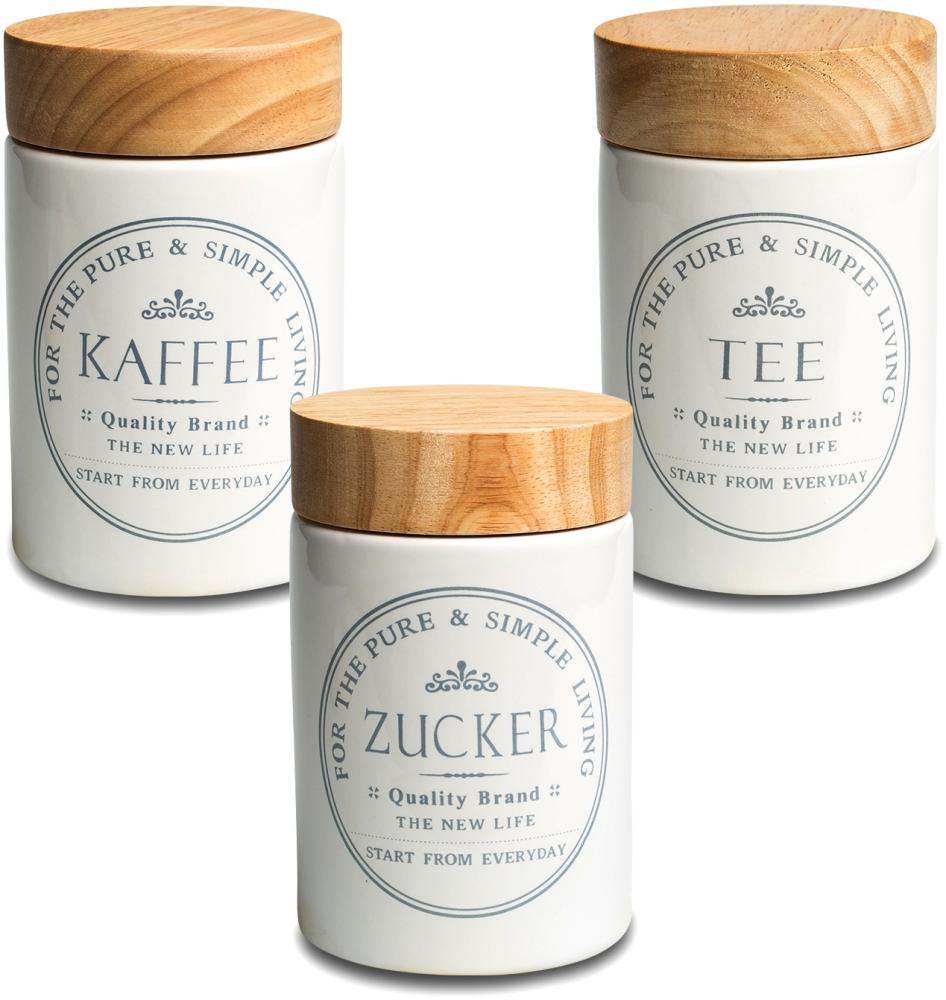 KHG Vorratsdosen Kaffee Tee Zucker Behälter je 1 Liter, Küchen Aufbewahrung Steingut Keramik mit Holzdeckel aus Bambus, Landhaus und Vintage Stil, luftdichter Verschluss Bild 1