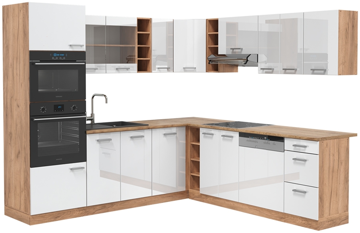 Eckküche R-Line Weiß Hochglanz/Goldkraft Eiche 247 x 60 cm , AP Eiche Vicco Bild 1