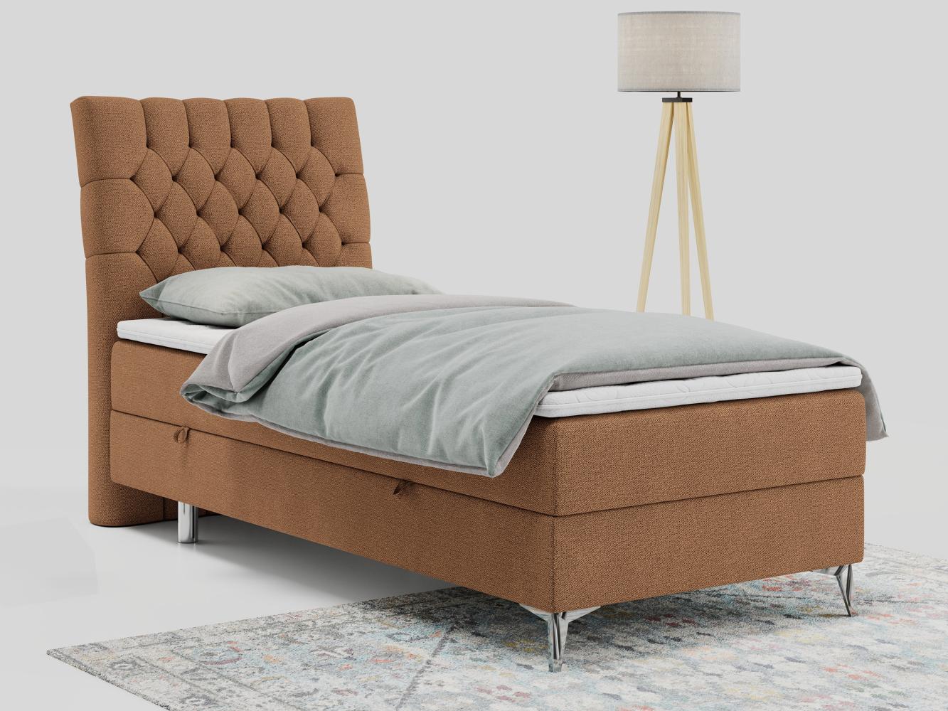 Boxspringbett MILEN, Einzelbett 90x200, Polsterbett mit Multipocket-Matratze und Topper - Orange stoff - links - H3 Bild 1