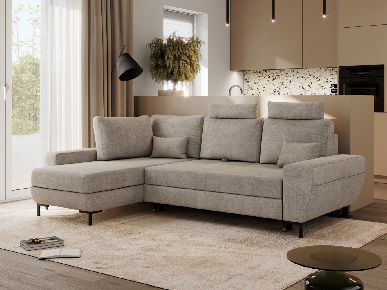 Ecksofa mit Schlaffunktion und Bettkasten für das Wohnzimmer, auf schwarzen Metallbeinen, mit losen Kissen - FLAVIA - Beige Stoff - linke Seite Bild 1