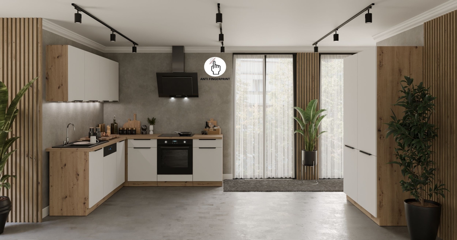 Winkelküche ARIA K-AR ECKE 1 - 215 x 220 + 120 cm Anti Fingerprint Küchenzeile Küchenblock Singleküche Einbauküche Küche Eckküche Bild 1