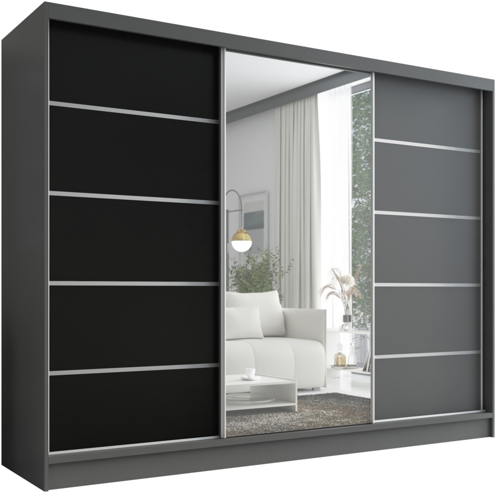 A&J MöbelLand Schwebetürenschrank AURELIA, Graphit, Schwarz, Graphit, Leiste: Weiß Bild 1