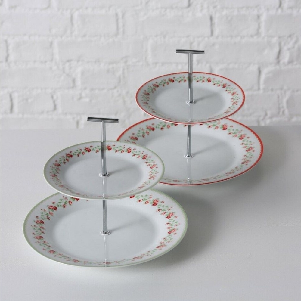 BOLTZE GRUPPE GmbH Dekoetagere Etagere Larissa 2 Ebenen Porzellan H 22cm Ø 27cm weiß mit Rosenmotiv Bild 1