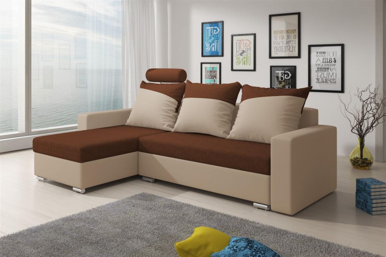 Ecksofa Sofa NORA mit Schlaffunktion Beige / Braun Ottomane Links Bild 1