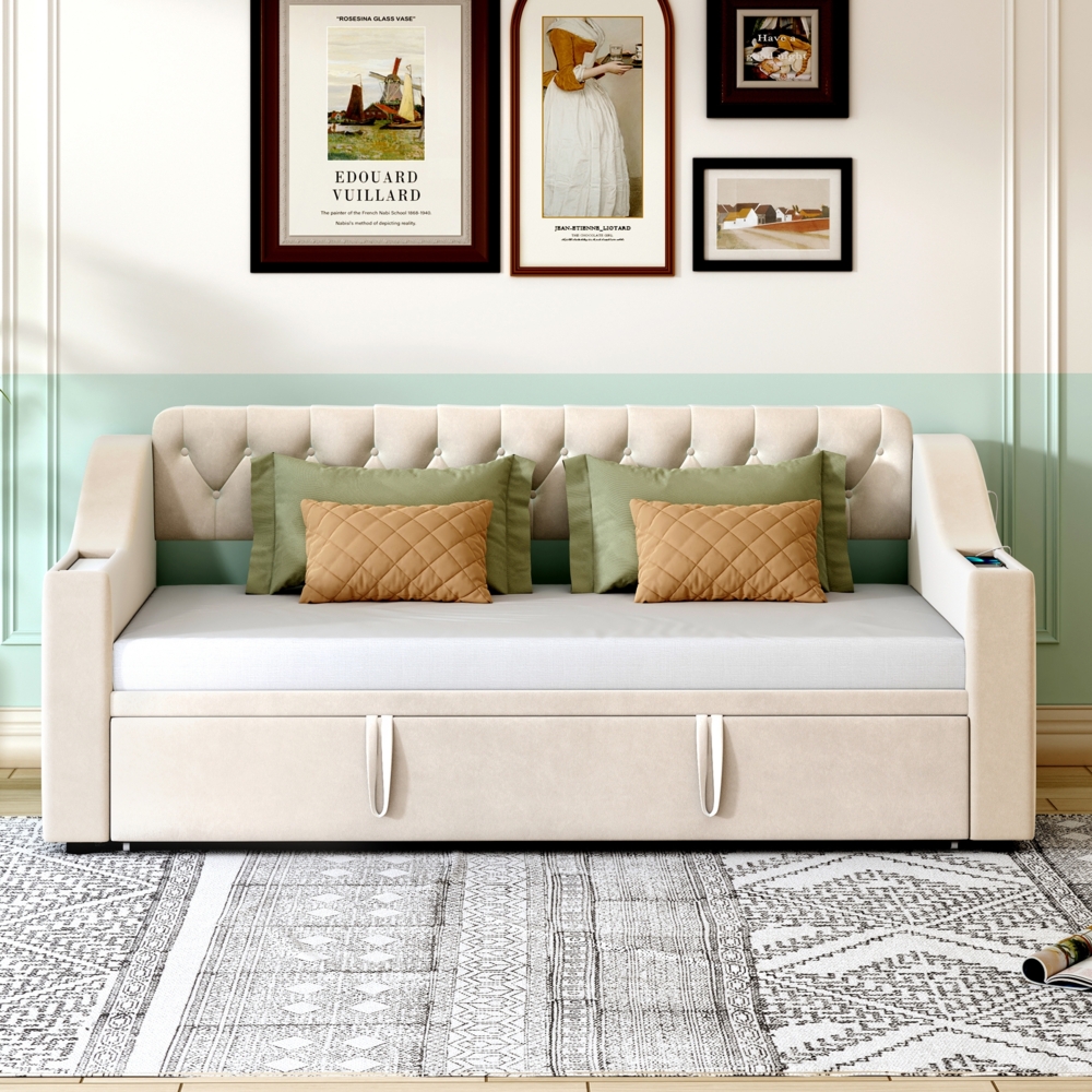 Schlafsofa Polsterbett, 2-Sitzer auf 90/180 x 190 cm erweiterbar, mit breiten und dicken Armlehnen, USB-Ladeanschluss, integrierte Ablage in Armlehnen, Ablagetaschen, mit Lattenrost, Samtstoff, beige, 90/180 x 190 cm Bild 1
