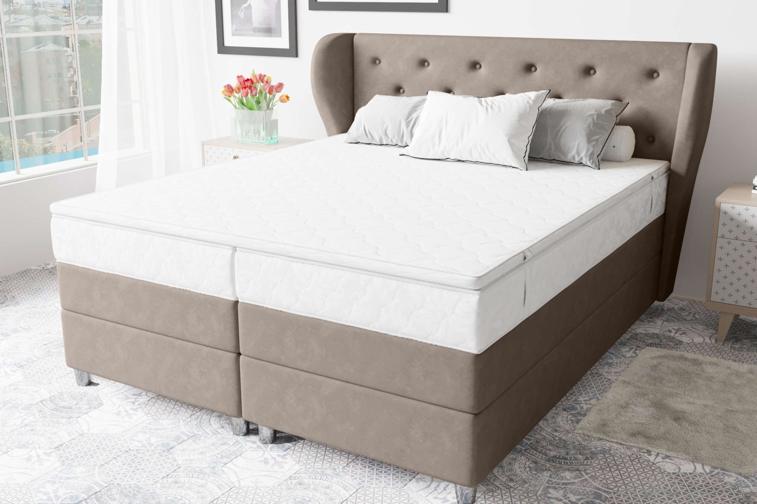 99rooms Hermes Boxspringbett 140x200 cm Velours SORO Beige Bonell-Federung Bild 1