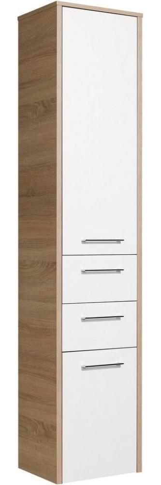 Saphir Hochschrank Quickset 382 Badschrank 40 cm breit, 2 Türen, 2 Schubladen Badezimmer-Hochschrank, Weiß Hochglanz, Griffe in Chrom glänzend Bild 1