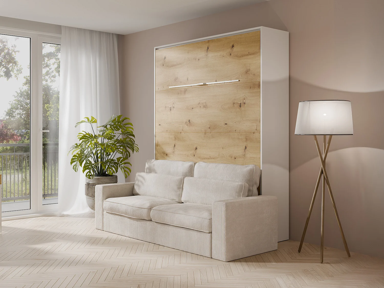 Vente-unique - Schrankbett + Sofa - 140 x 200 cm - Manuelle vertikale Öffnung - Mit LED-Beleuchtung - Weiß & Holzfarben - RAPILI Bild 1