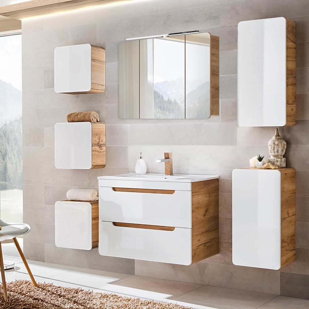 Badezimmer Set 7-tlg in Hochglanz weiß mit Wotan Eiche Nb. LUTON-56 mit LED-Spiegelschrank, B/H/T ca. 180/200/46 cm Bild 1