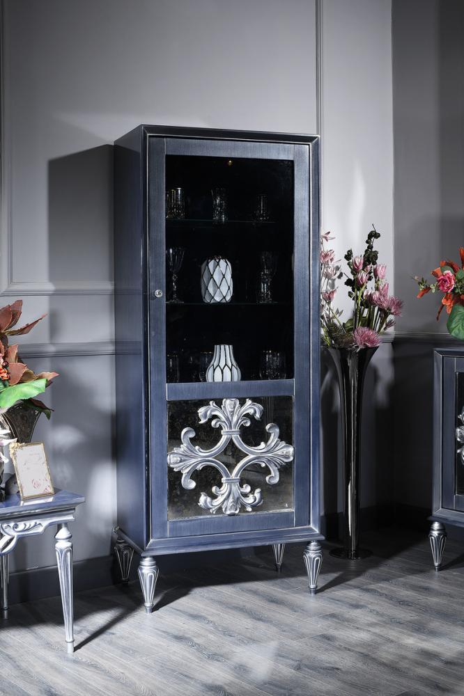 Casa Padrino Luxus Barock Vitrine Blau / Silber 75 x 45 x H. 190 cm - Vitrinenschrank mit Glastür - Barock Wohnzimmermöbel Bild 1