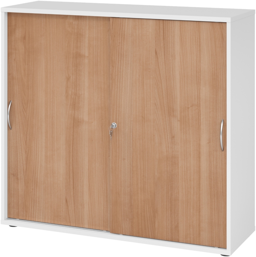 bümö Schiebetürenschrank 3OH - Aktenschrank abschließbar, Sideboard Schrank mit Schiebetüren in Weiß/Nussbaum, Bogengriff - Büroschrank aus Holz mit Schiebetür, Büro Kommode für Ordner & Co, 1753S-W-N-BM Bild 1