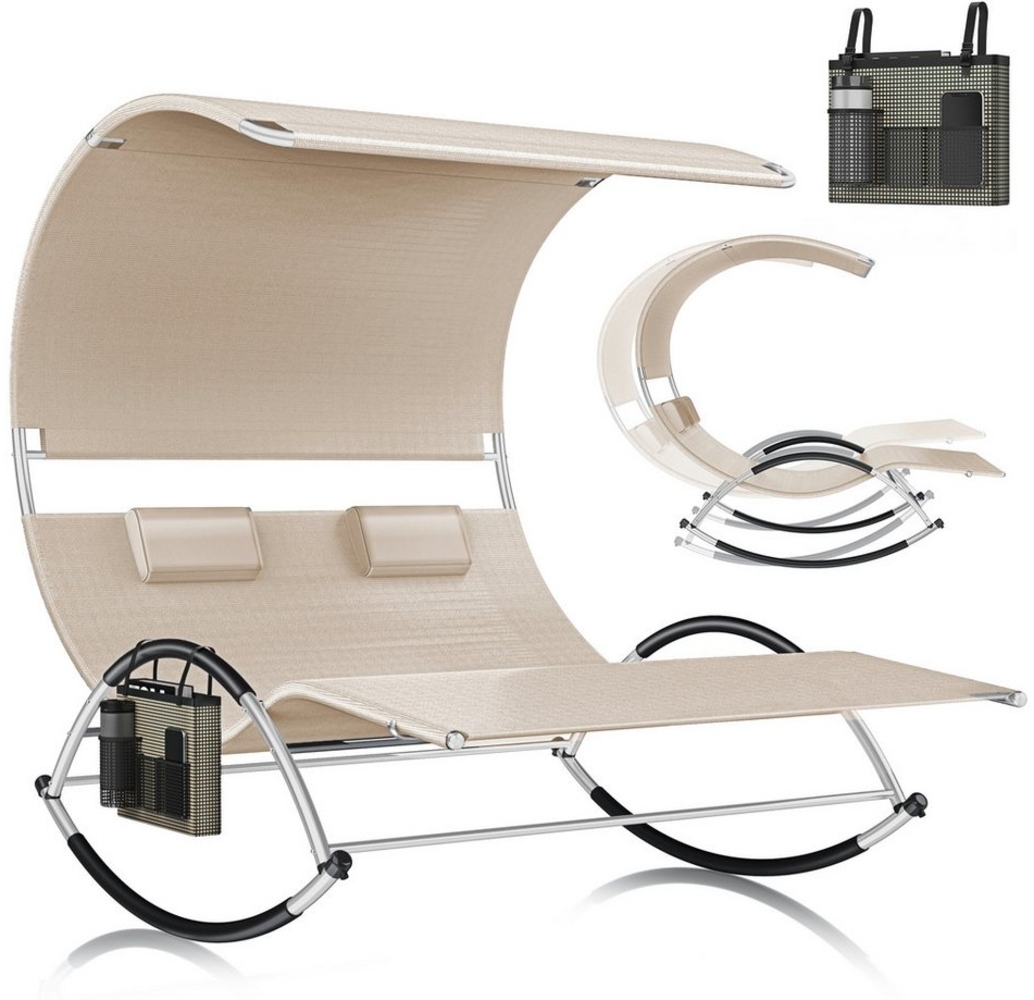 KESSER® Doppel-Sonnenliege Doppelliege | mit Sonnendach , Kopfkissen Tasche | für 2 Personen | Relaxliege | Gartenliege | Schaukelliege ergonomisch geformte Liegefläche | 240 kg Belastung | Beige Bild 1