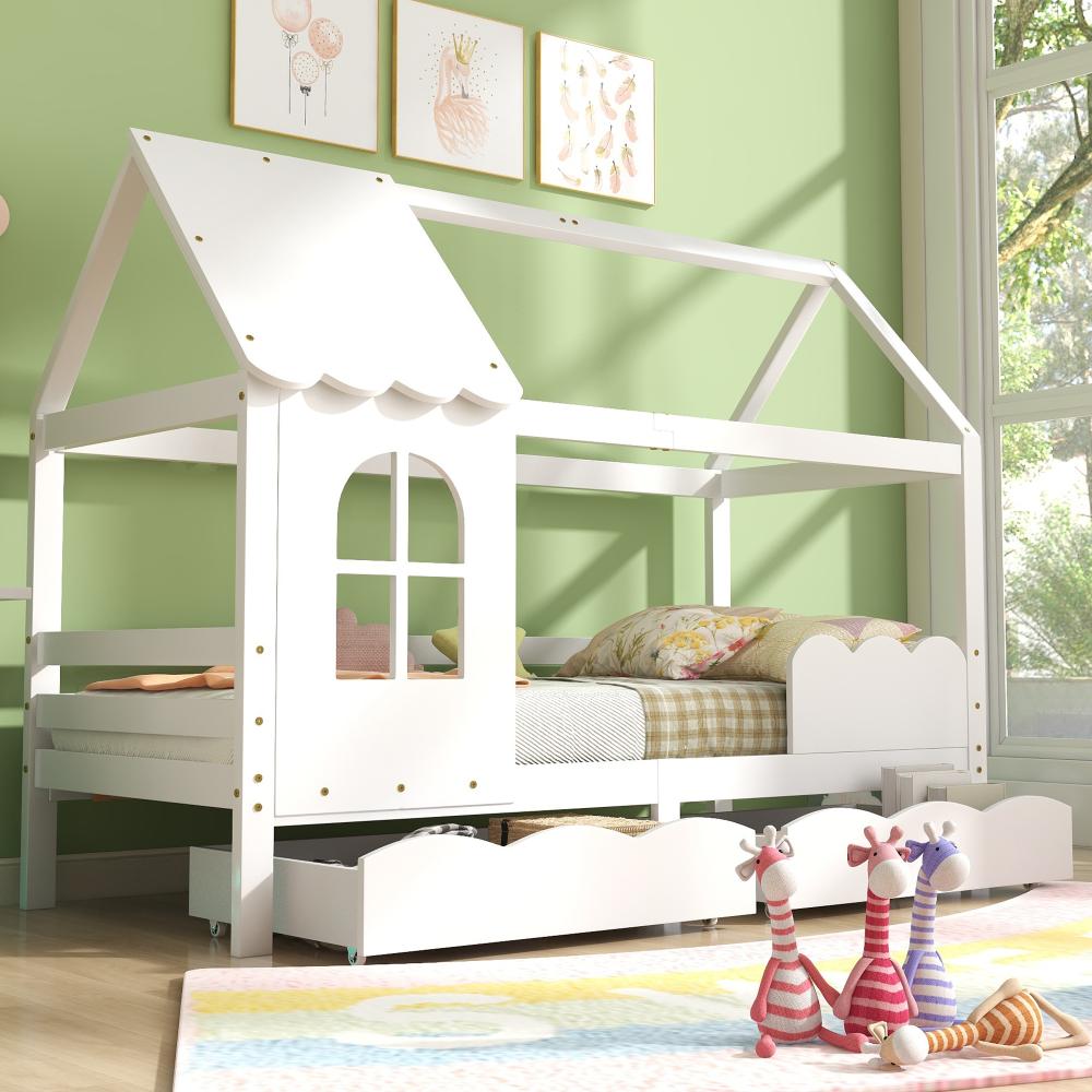 Merax Hausbett Kinderbett Jugendbett 200x90 mit Rausfallschutz vielseitiges Holz Kinderbett für Jungen & Mädchen, Wei Schubladen, Massivholz Kinder Bett mit Rausfallschutz Fenster und Lattenrost, Weiß Bild 1