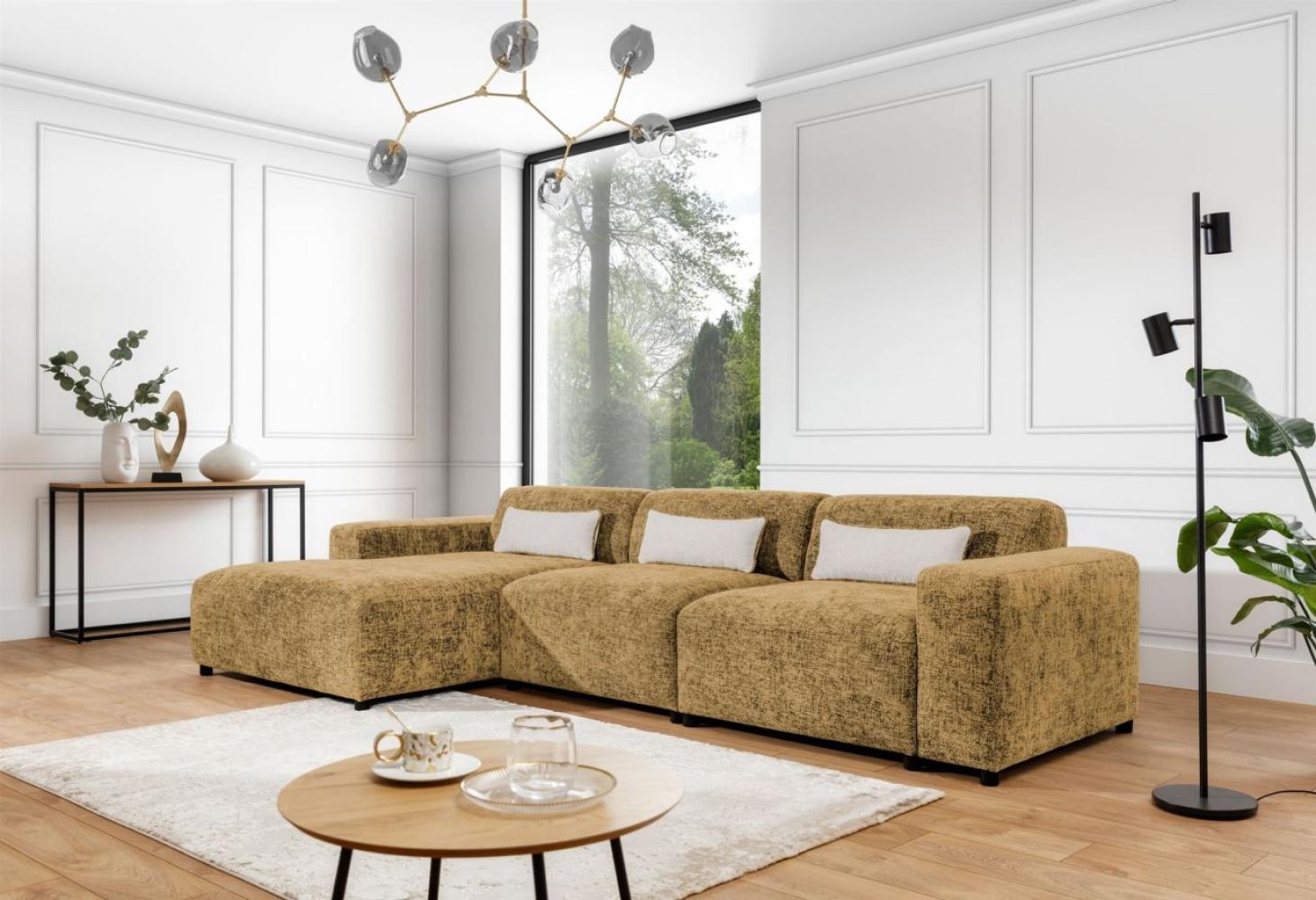 Ecksofa Designersofa ROMY MAX in Stoff Enjoy Me Honiggelb Ottomane Links Bild 1