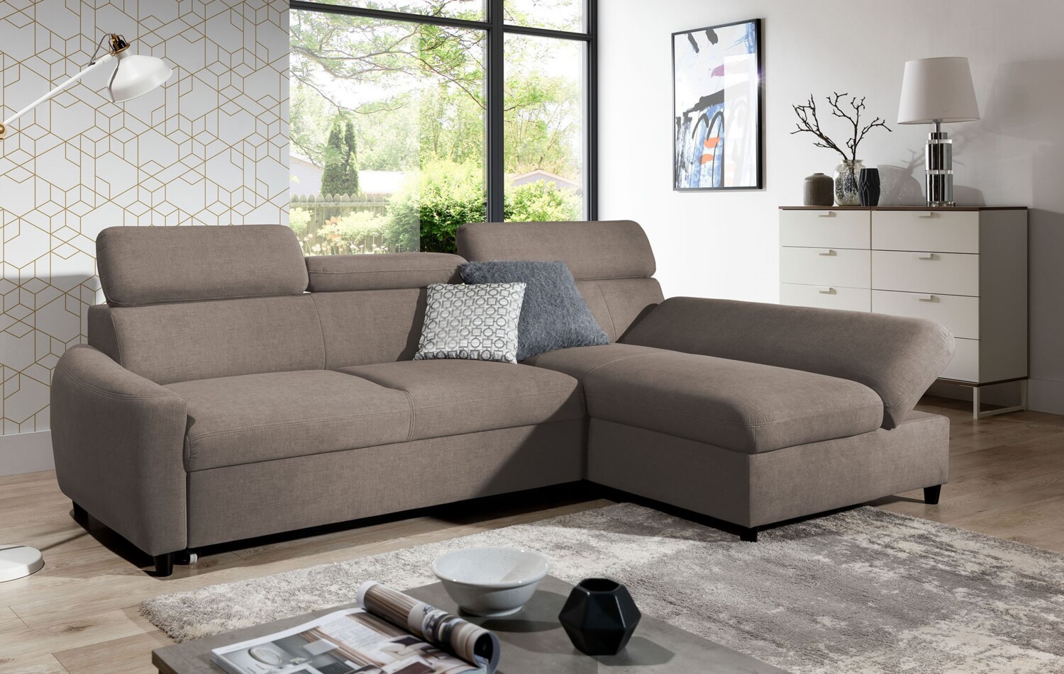 99rooms Litos Ecksofa Velours ESITO Beige Rechts mit Bild 1