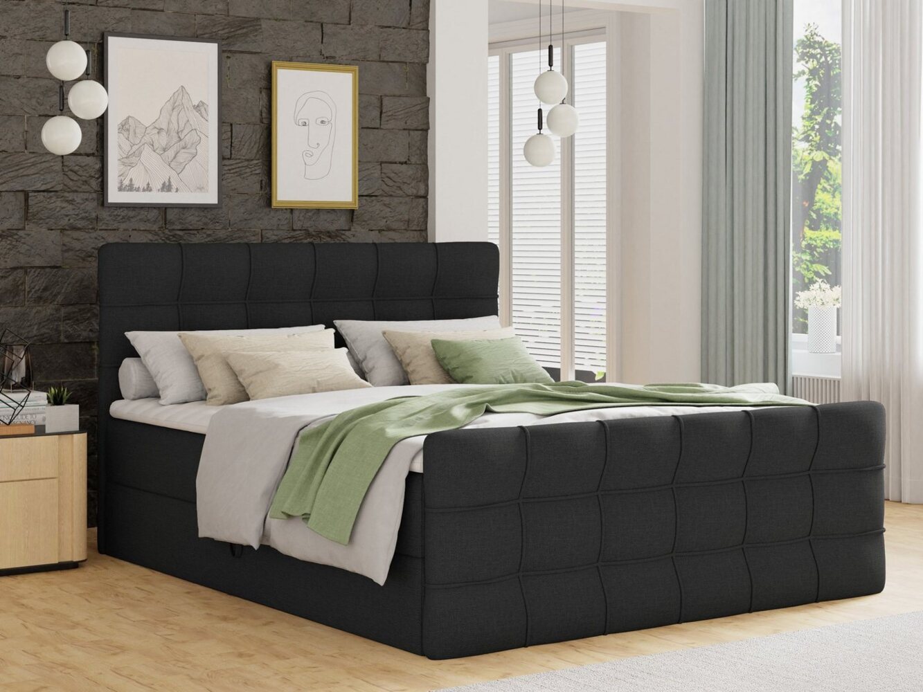 Boxspringbett Best Lux mit Fußteil, 2 Bettkästen, Bonell-Matratze und Topper, Polsterbett (Schwarz (Inari 100), 160 x 200 cm) Bild 1