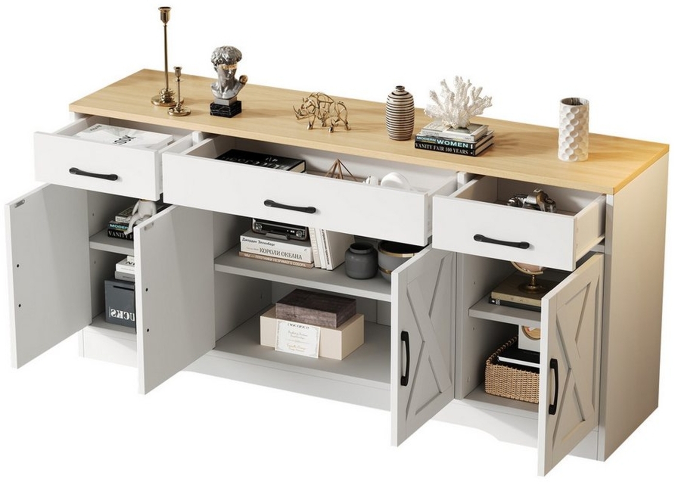 MODFU Sideboard Modernes Sideboard aus MDF (Wohnzimmerschrank, Aufbewahrungsschrank, Buffetschrank, Holzanrichte, 1 St, 4 Türen, 3 Schubladen), mit dreidimensionalen X-förmigen Linien Bild 1