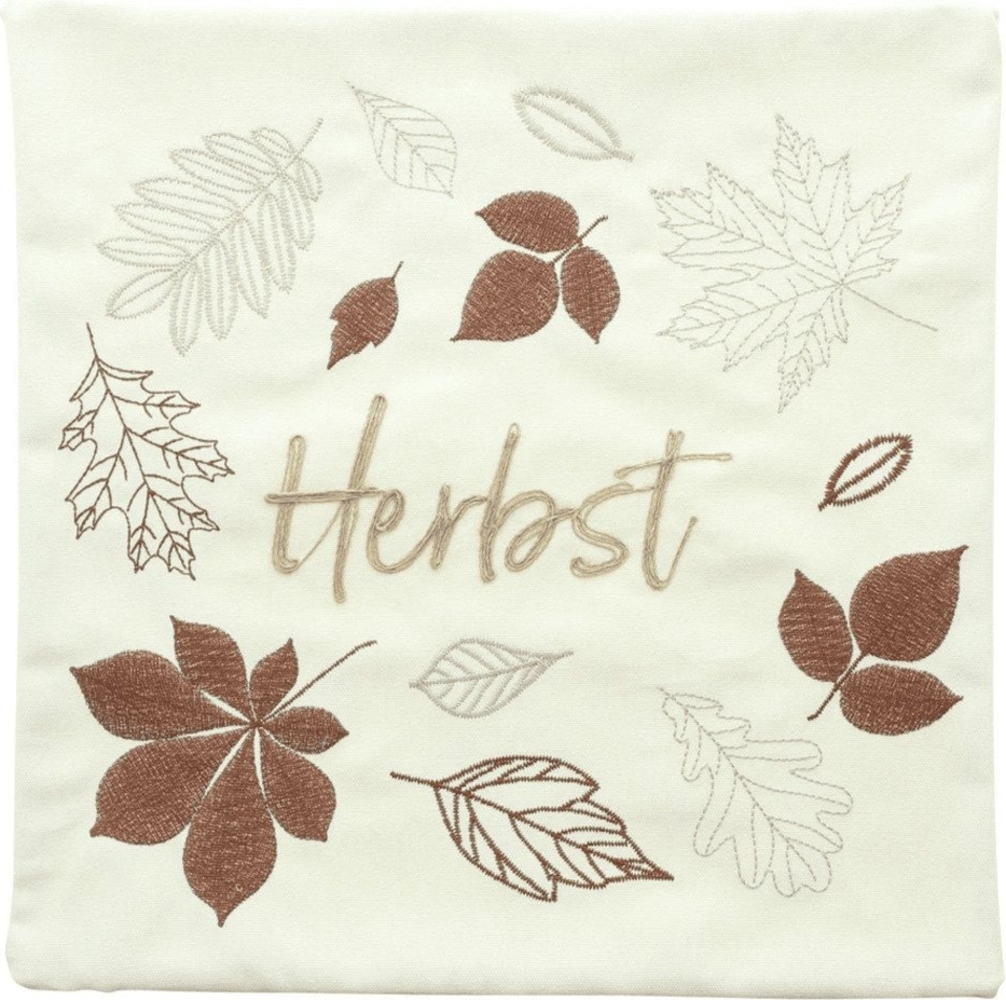 Kissenhülle Kissenbezug Herbst Blätter Schriftzug creme bestickt 45 x 45 cm Bild 1