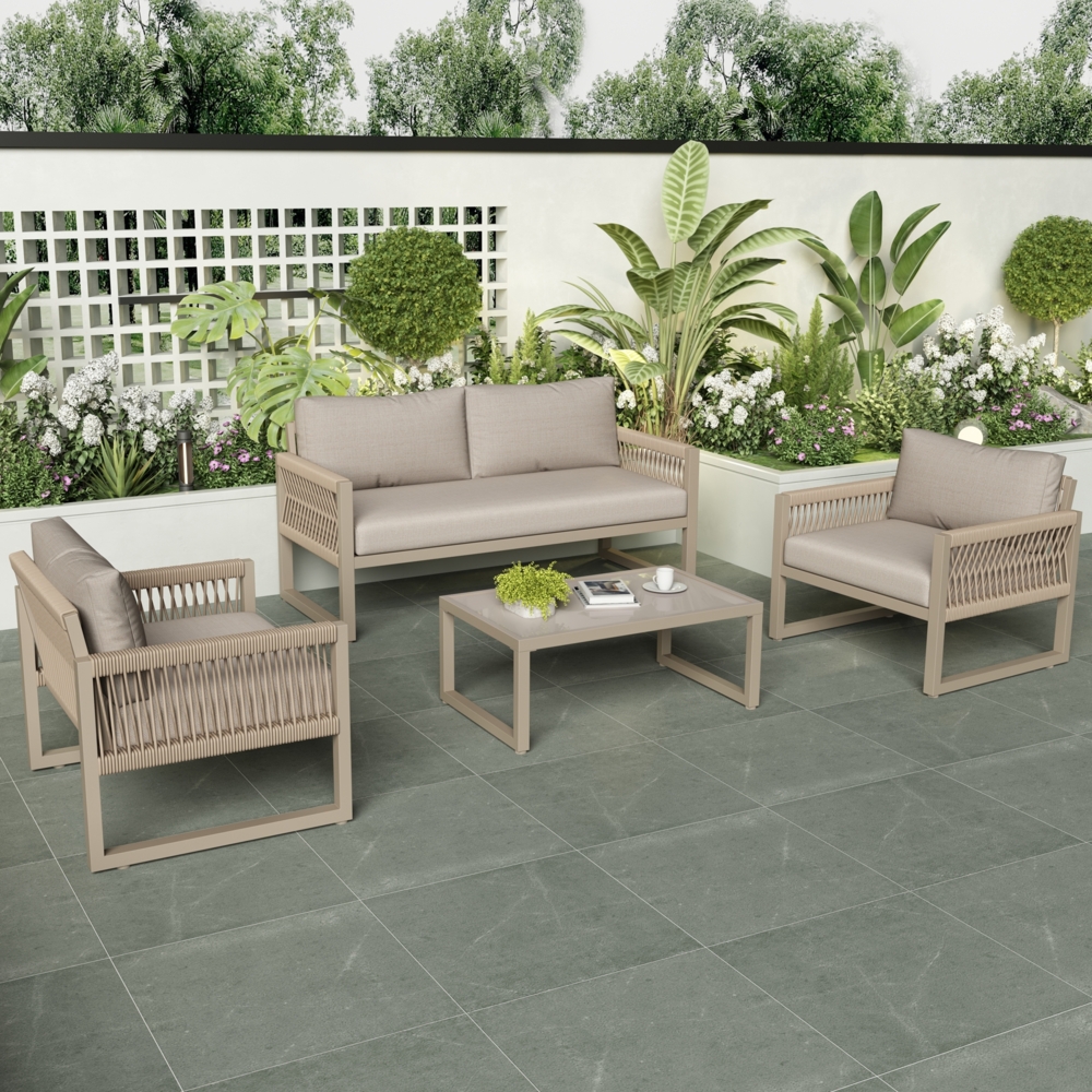 Merax Garten-Lounge-Set mit verzinktem Eisenrahmen, Gartenmöbel-Set aus Seil, khakifarbenem Seil mit Sitzkissen, verstellbaren Füßen, 4er-Set Bild 1