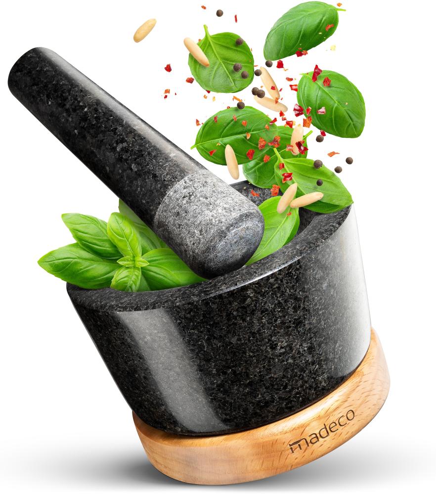 madeco Mörser mit Stößel Granit auf Holzsockel Eiche Ø 14,5 cm - Perfekt geeignet für Gewürze, Kräuter & Nüsse - Steinmörser Set - Design Granit Mörser & Stößel groß Bild 1