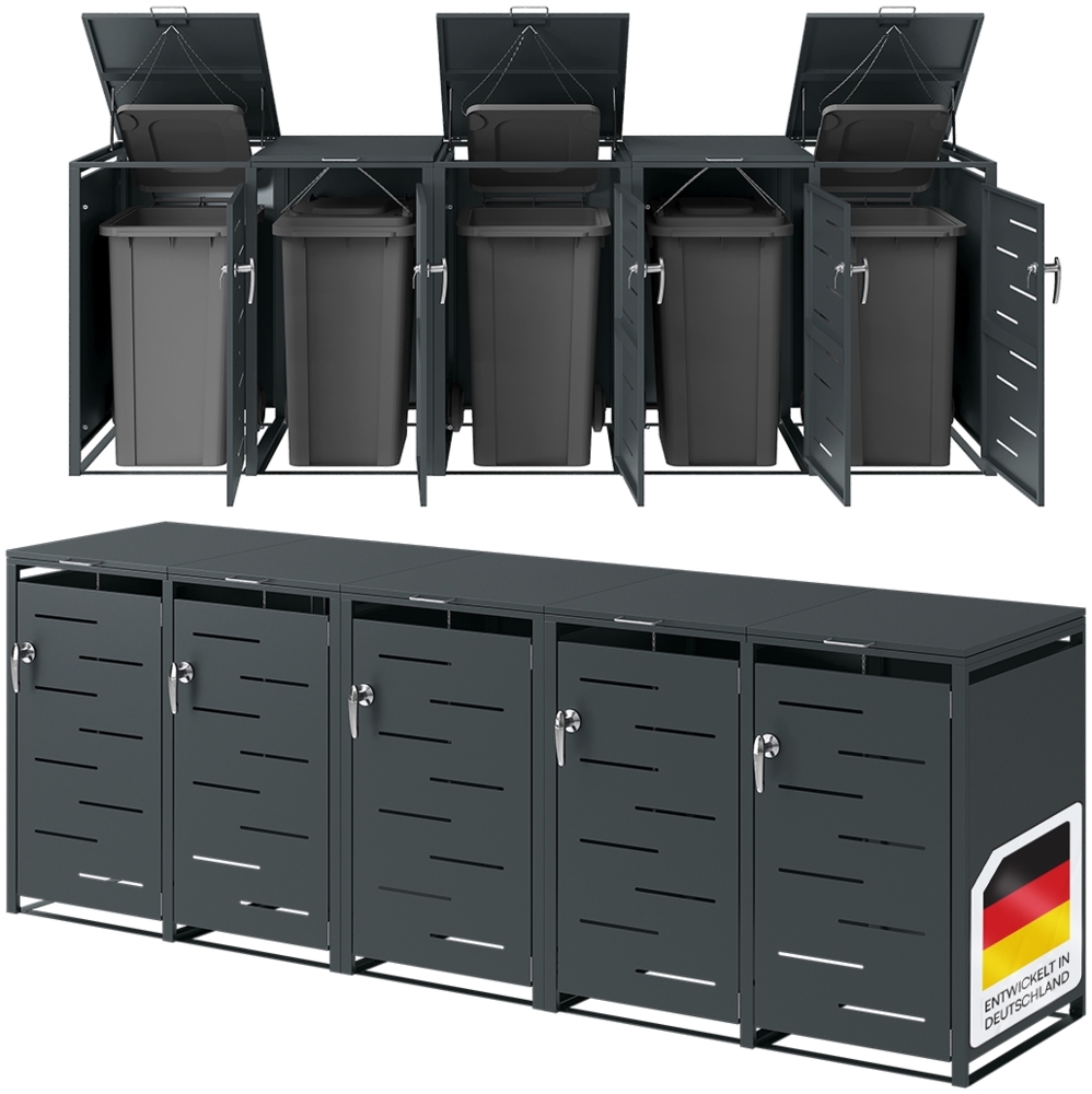 STEELSØN 'Diorus' Mülltonnenbox für 5 Tonnen je 240 Liter, anthrazit, Mülltonnenverkleidung aus Stahl mit Sichtstreifen, wetterfest, 116x80x337 cm, abschließbare Müllbox Bild 1