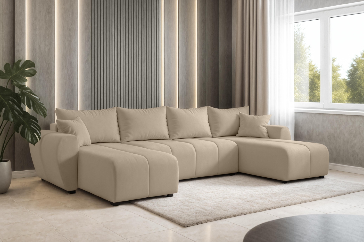 AX LIVING Malatya U Couch mit Schlaffunktion Ecksofa Hellbraun 311 cm Bild 1