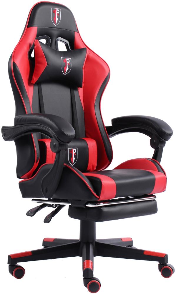 Gaming Chair im Racing-Design mit flexiblen gepolsterten Armlehnen - ergonomischer PC Gaming Stuhl in Lederoptik - Gaming Schreibtischstuhl mit ausziehbarer Fußstütze und extra Stützkissen Schwarz/Rot-Schwarz Bild 1