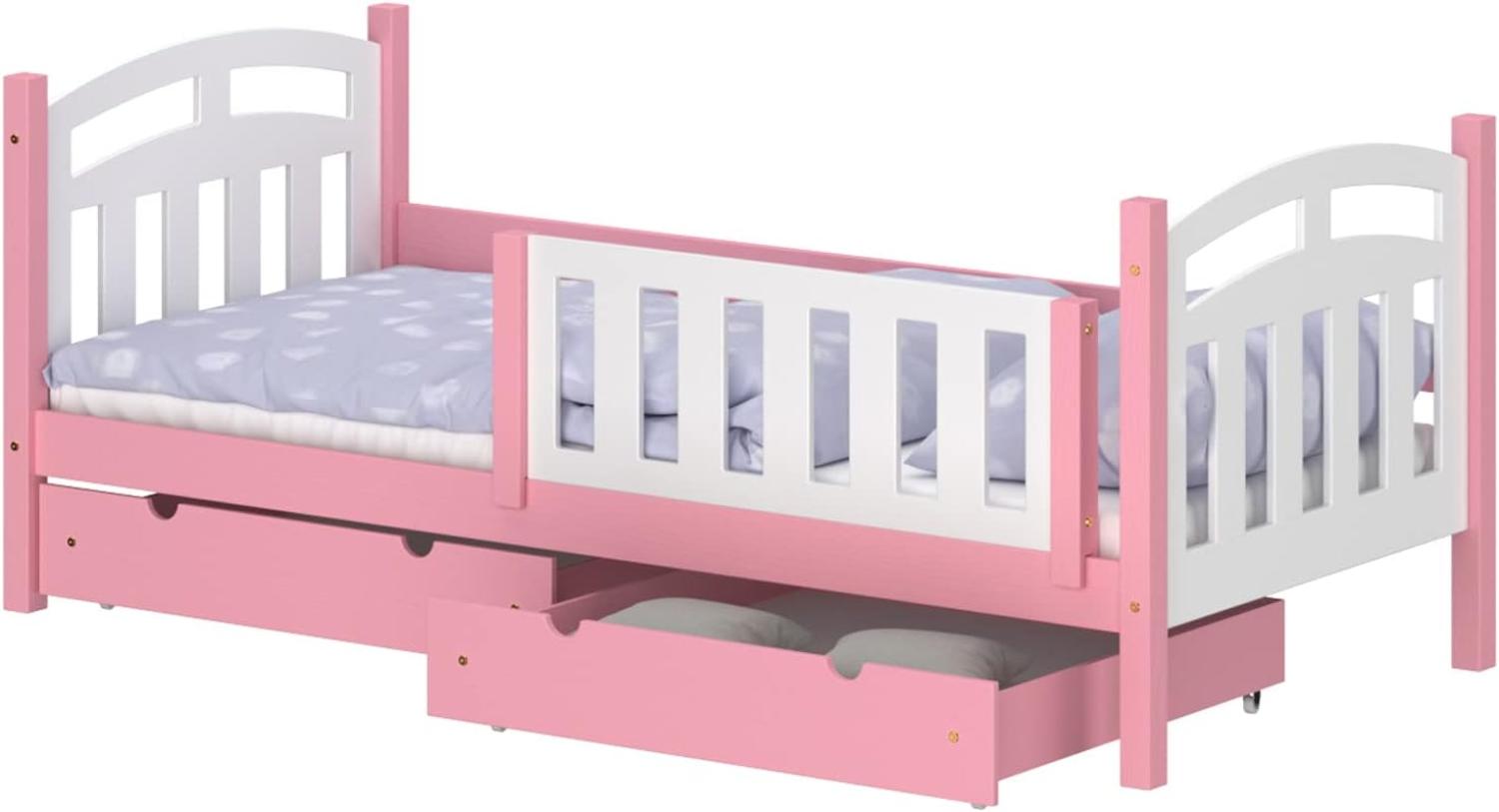 WNM Group Kinderbett mit Rausfallschutz Suzie - Jugenbett aus Massivholz - Bett mit 2 Schubladen fr Mdchen und Jungen - Funktionsbett 200x90 cm - Rosa Bild 1