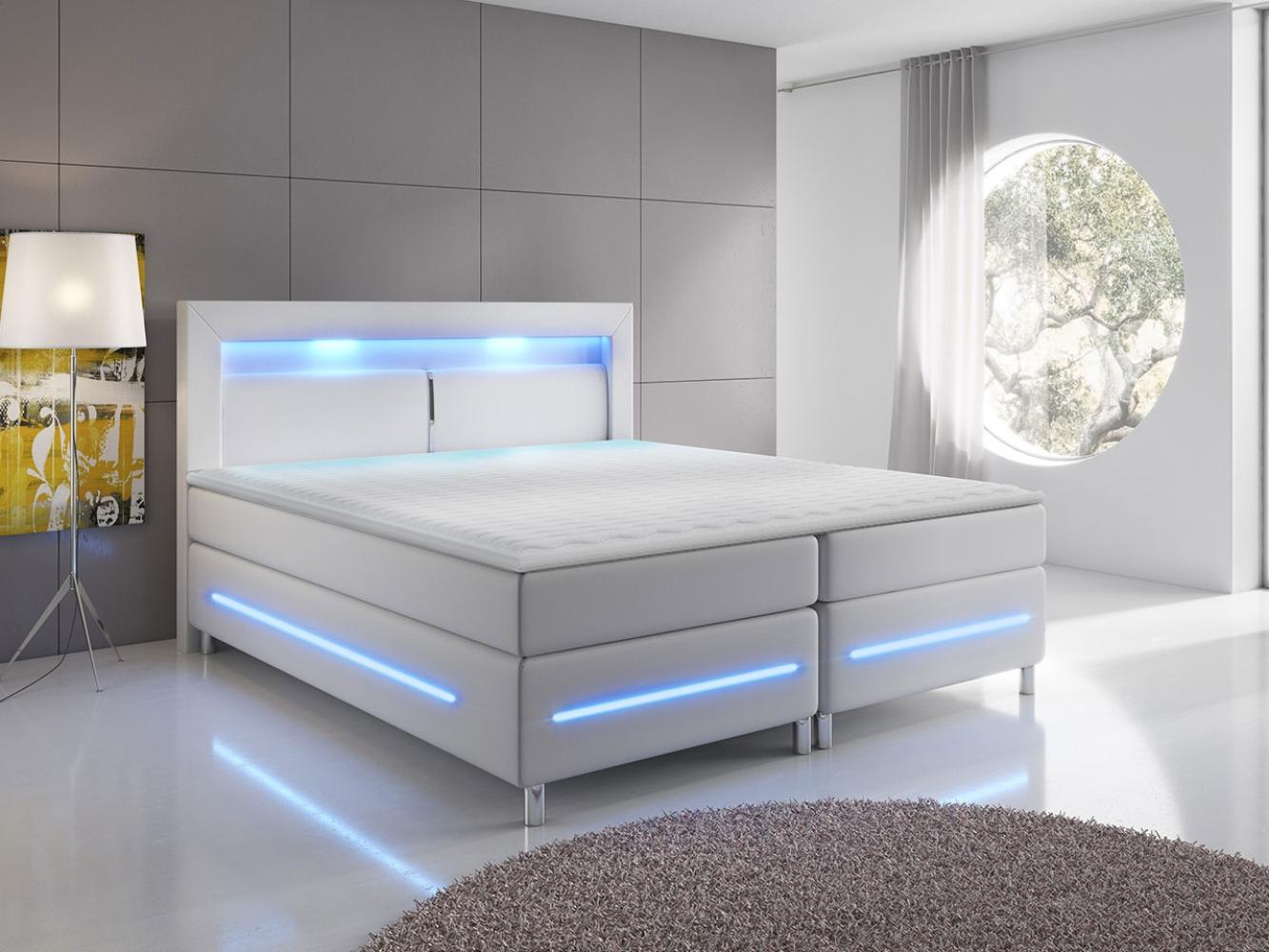 Boxspringbett Amarante LED, Blauer LED-Beleuchtung, Weiß, 160 x 200 cm Bild 1