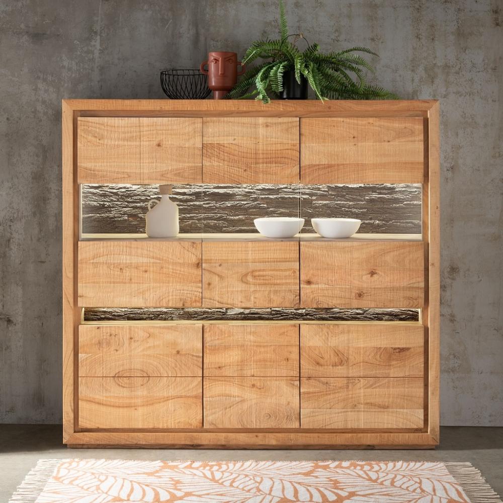 Highboard inkl. Beleuchtung 164x152cm "Trondheim" Akazie massiv Bild 1