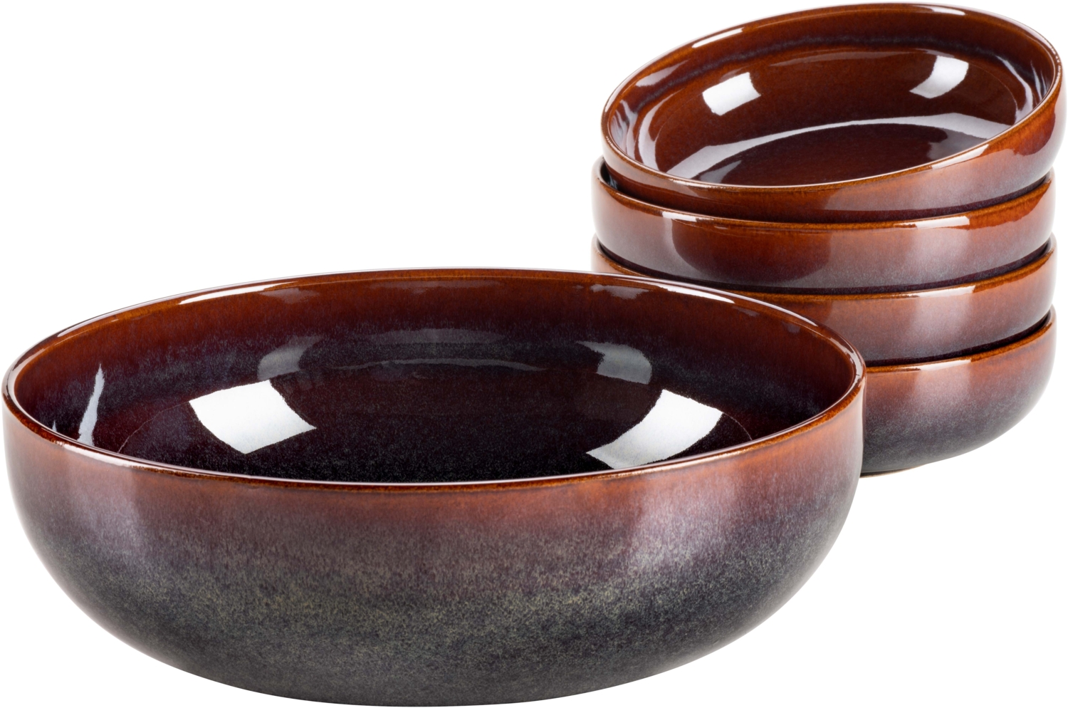 Modernes 5-teiliges Bowl Set aus Keramik mit unregelmäßiger Effektglasur, 1 Schüssel groß und 4 Schalen für Salat, Müsli, oder Suppe; Rot / Braun Bild 1